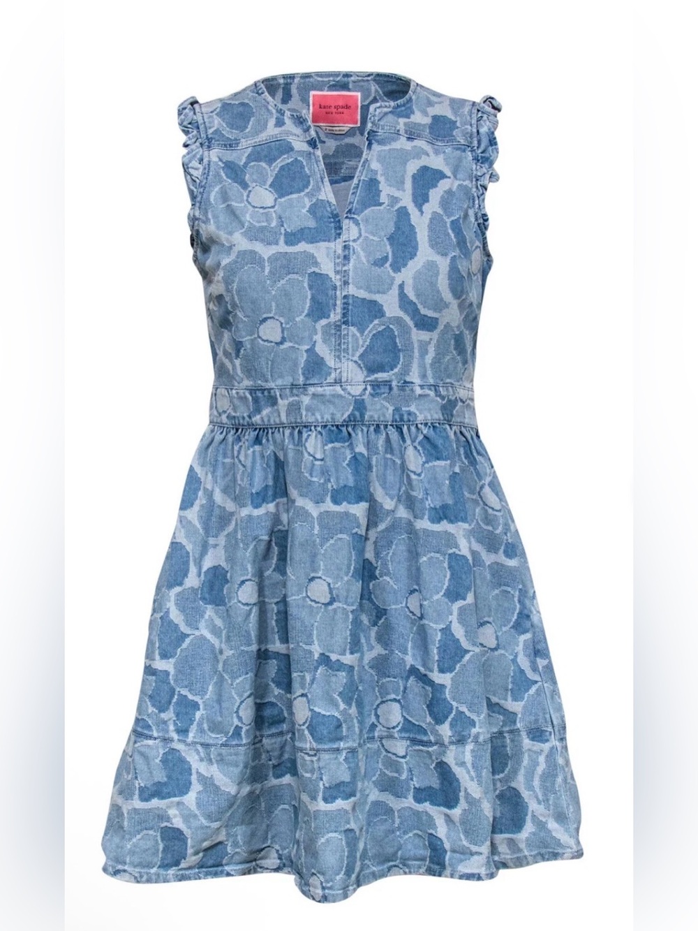 Kate Spade - Denim Floral Textured Sleeveless Fit & Flare Dress w/ Ruffles
